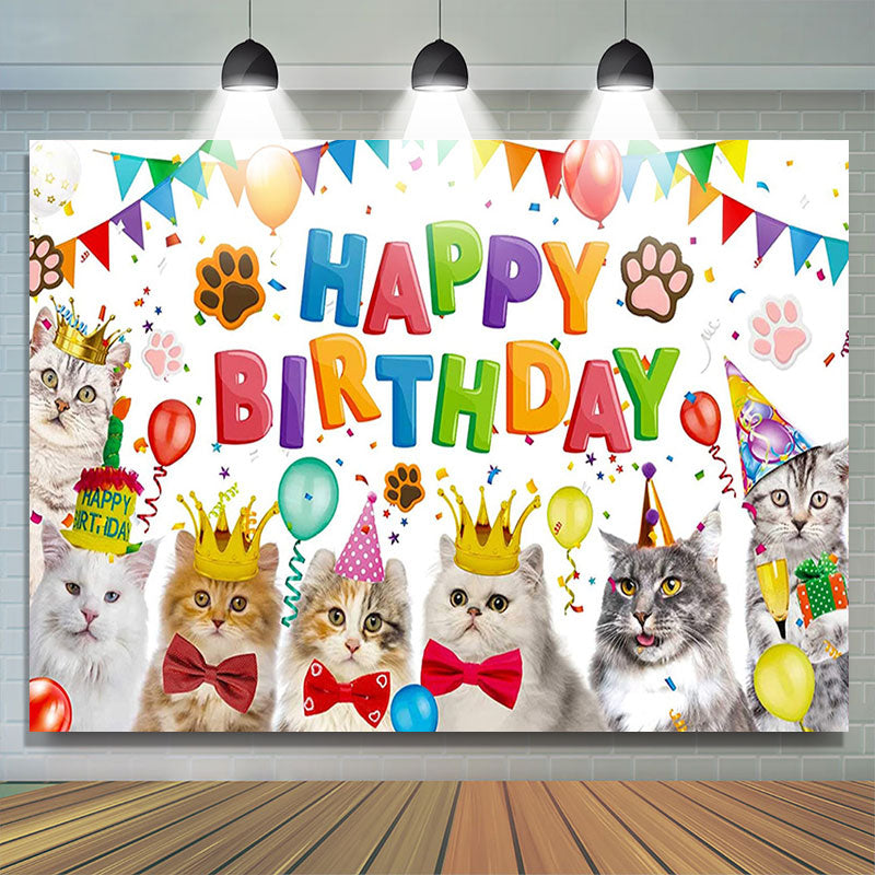 Lofaris Cute Cats Balloons White Happy Birthday Party Backdrop