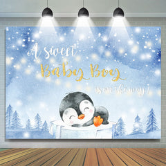 Lofaris A Little Cute Penguin Winter Bule Baby Shower Backdrop