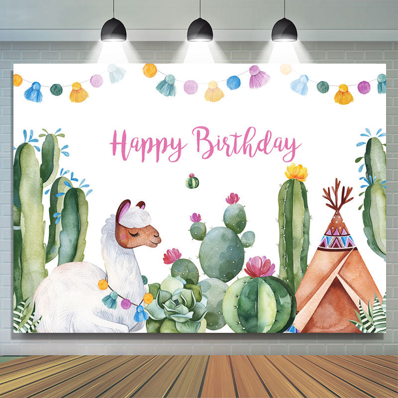 Lofaris Alpaca And Cactus Happy Birthday Backdrop For Baby