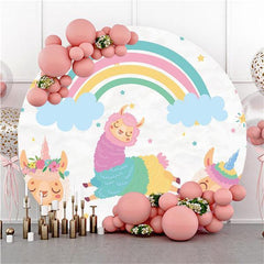 Lofaris Alpaca And Rainbow White Round Baby Shower Backdrop