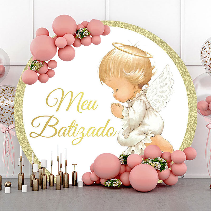 Lofaris Angel Gold White Round Baby Shower Backdrop Cover