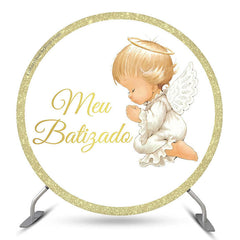 Lofaris Angel Gold White Round Baby Shower Backdrop Cover