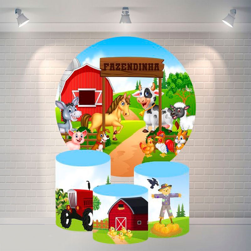 Lofaris Animals And Red House Circle Happy Birthday Backdrop