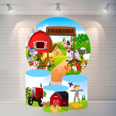 Lofaris Animals And Red House Circle Happy Birthday Backdrop