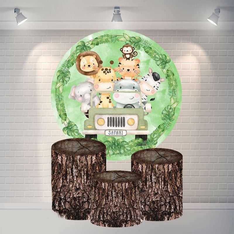 Lofaris Animals On The Green Car Round Happy Birthday Backdrop