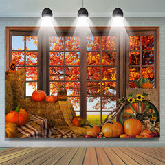 Lofaris Autumn Pumpkin Window Sunflowers With Tree Backdrop