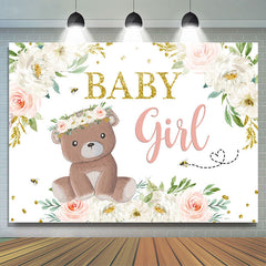 Lofaris Baby Girl Teddy Bear and Floral Shower Backdrop