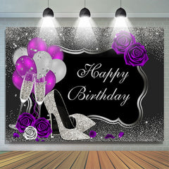 Lofaris Ballon And Floral Silver Glitter Birthday Backdrop