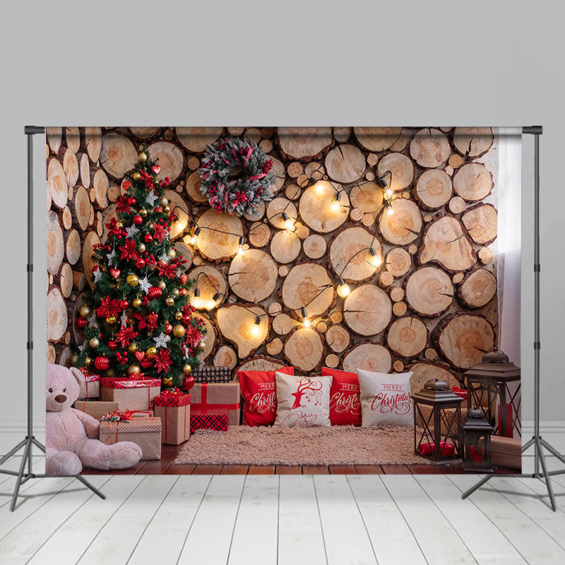 Lofaris Bear Wooden Wall Christmas Tree Lights Photo Scene Backdrop