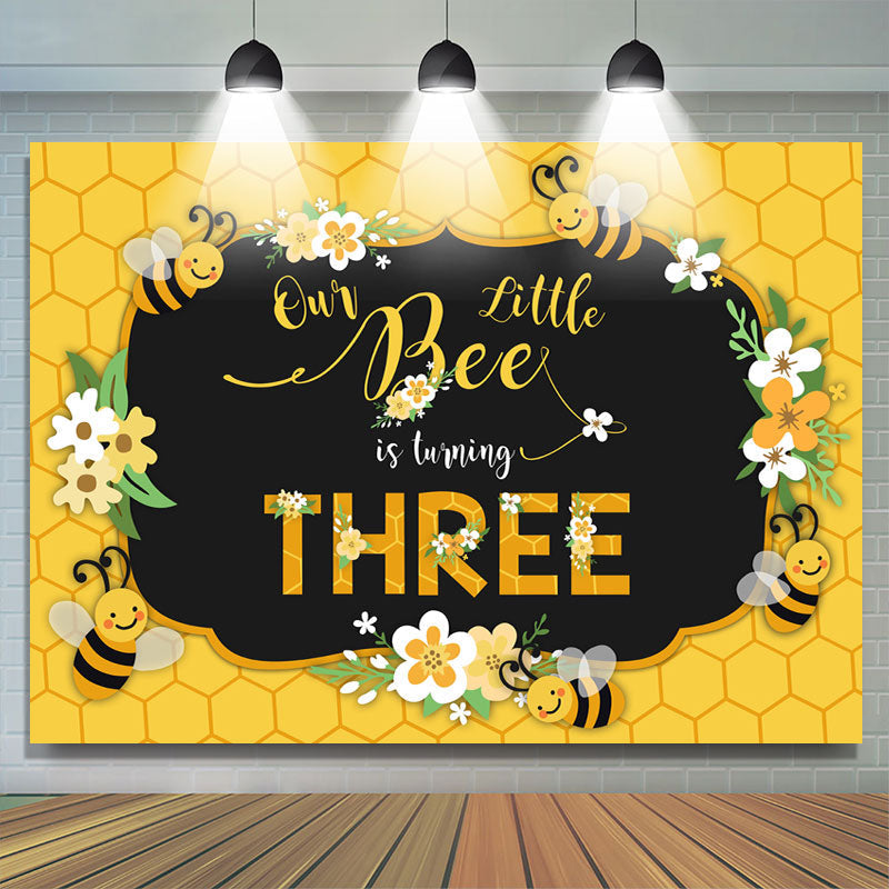 Lofaris Bee Three Summer Yellow Happy 3Rd Birthday Backdrop