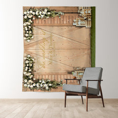 Lofaris Beige Wooden Door With White Flowers Wedding Backdrop