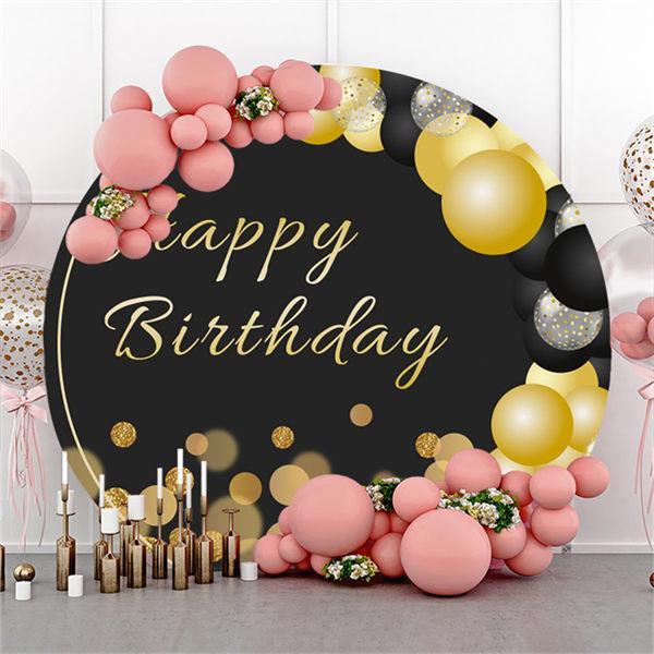 Lofaris Black And Gold Balloons Round Happy Birthday Backdrop