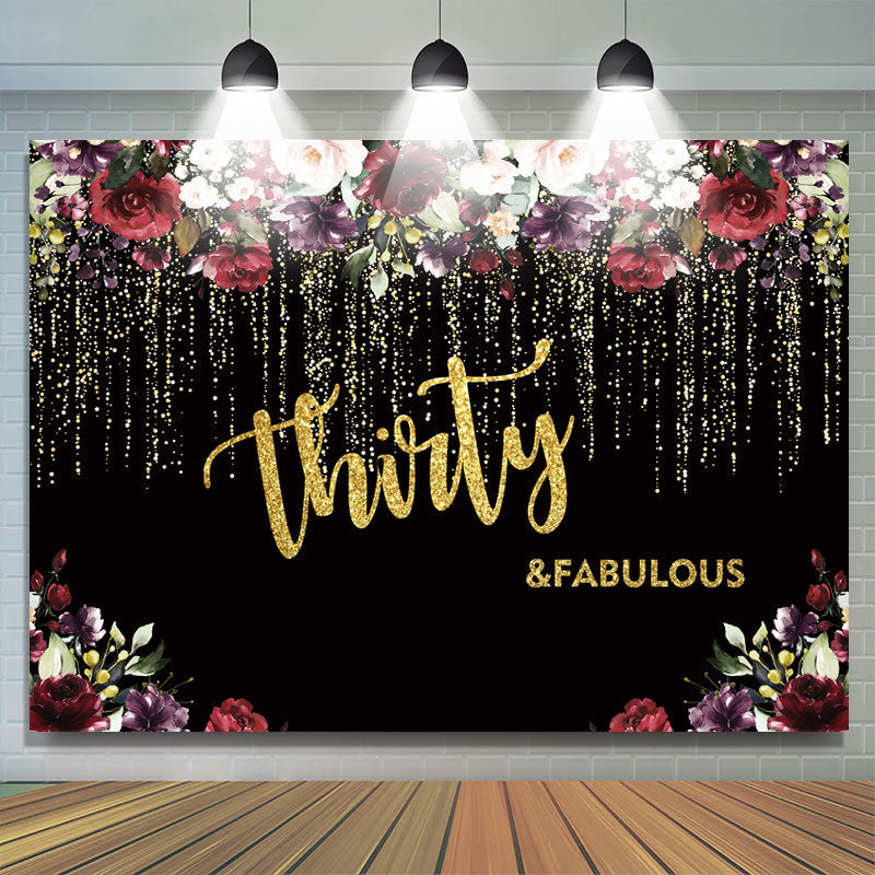 Lofaris Black and Gold Glitter Floral 30th Birthday Backdrop