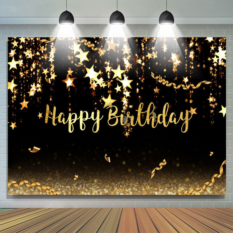 Lofaris Black and Gold stars Bokeh Happy Birthday Backdrop