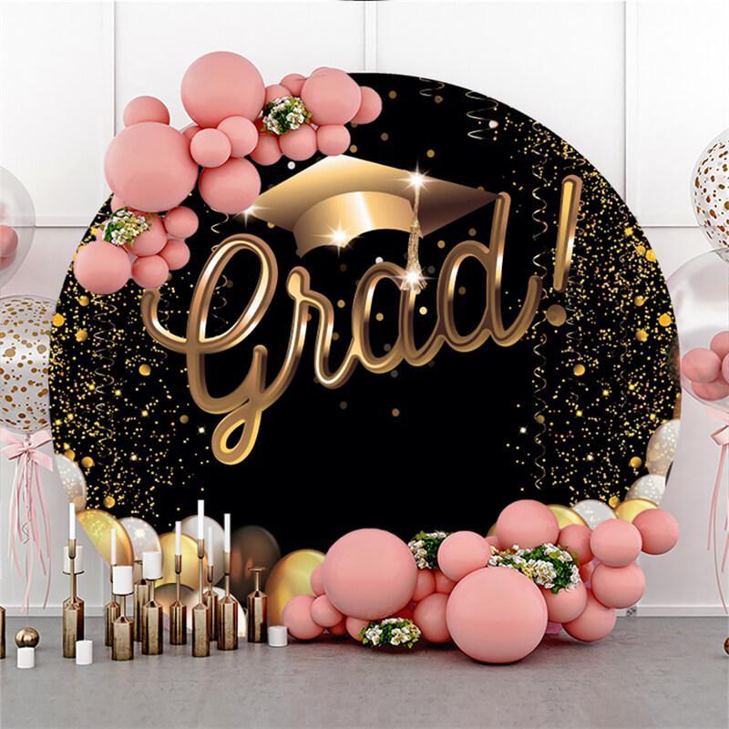 Lofaris Black And Golden Dots Happy Graduation Round Backdrop