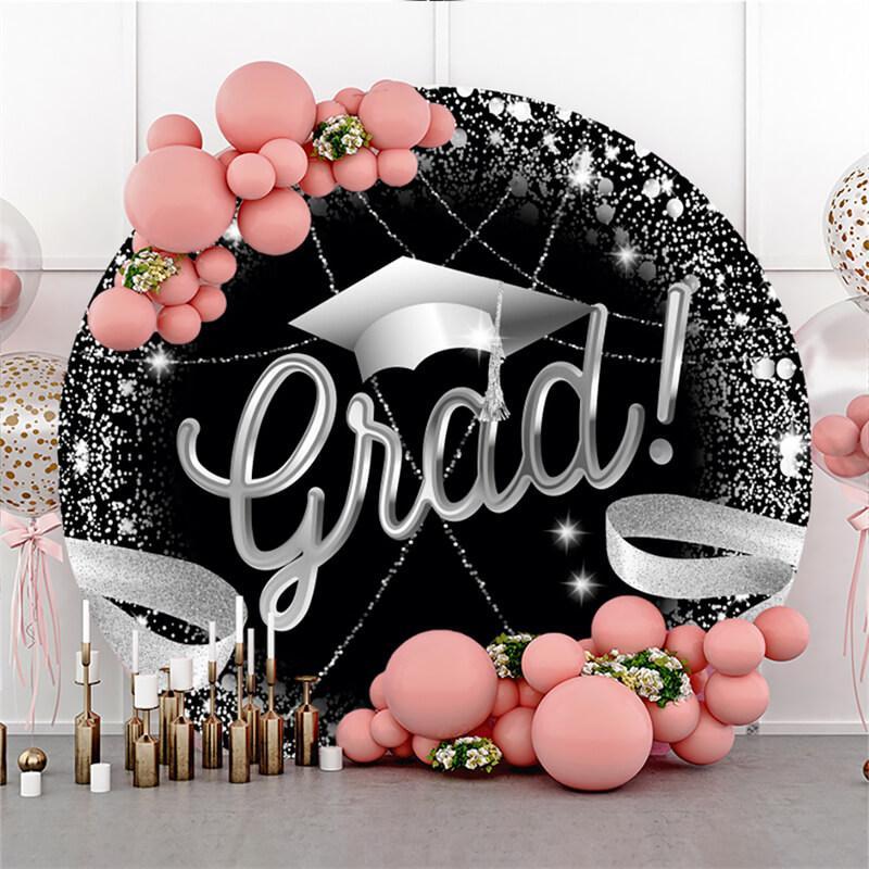 Lofaris Black And Silver Lines Happy Graduation Round Backdrop