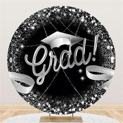 Lofaris Black And Silver Lines Happy Graduation Round Backdrop