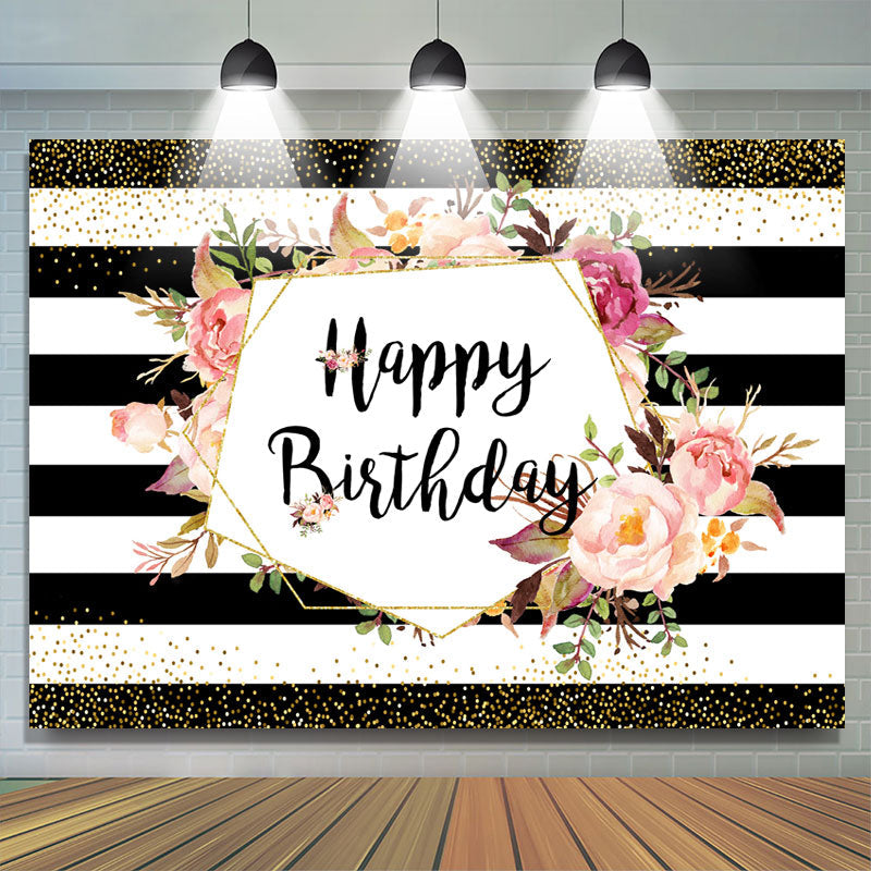 Lofaris Black-And-White Stripe And Floral Birthday Backdrop