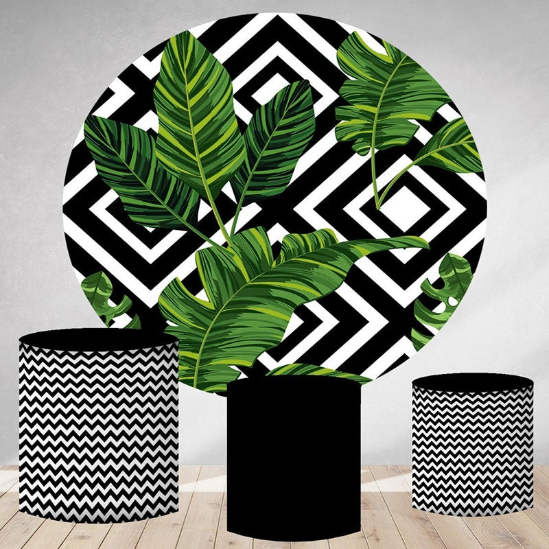 Lofaris Black And White Stripes Round Leaves Birthday Backdrop