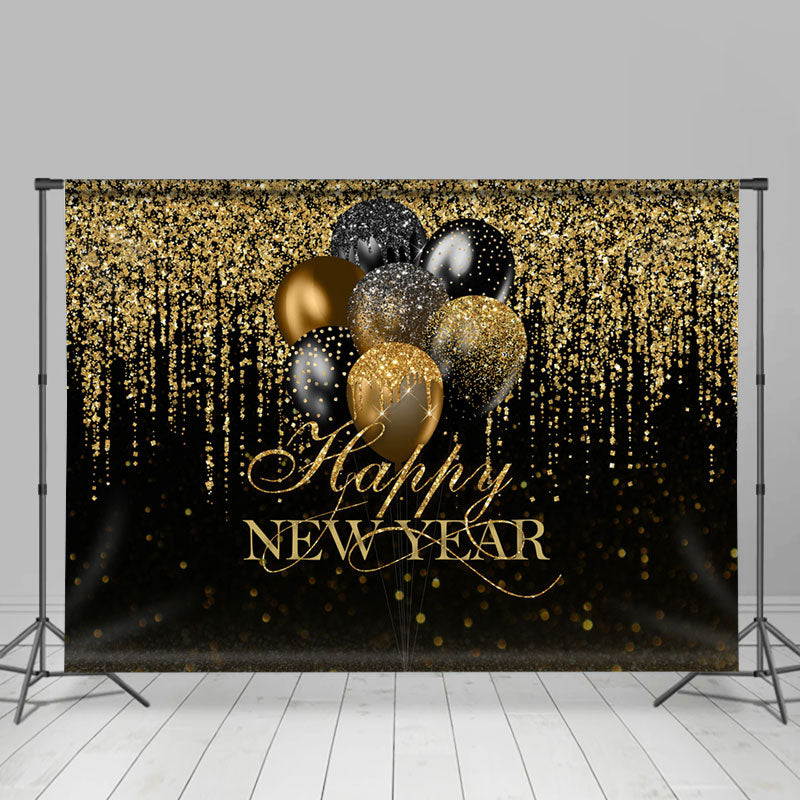 Lofaris UK Black Balloons And Gold Glitter Happy New Year Backdrop
