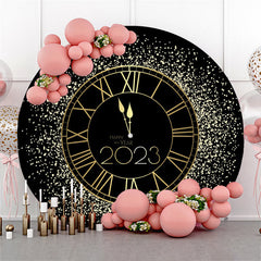 Lofaris Black Golden Clock Round Happy 2023 Holiday Backdrop