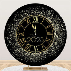 Lofaris Black Golden Clock Round Happy 2023 Holiday Backdrop