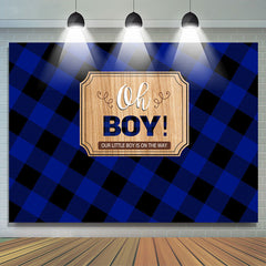 Lofaris Blue and Black Grid Stripe Oh Boy Baby Shower Backdrop