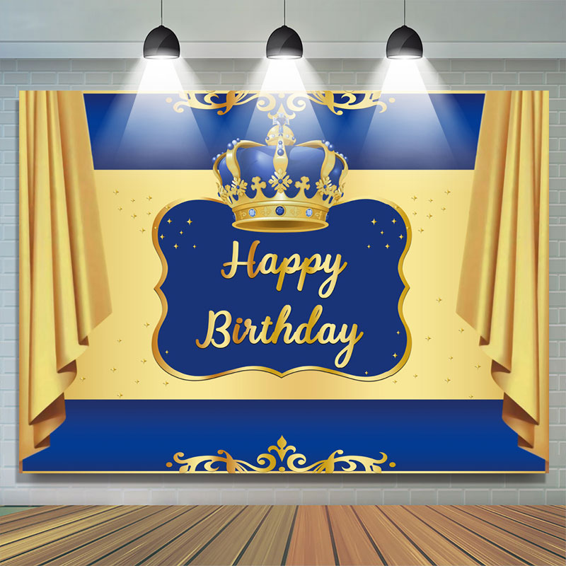 Lofaris Blue and Golden Crown Happy Birthday Party Backdrop