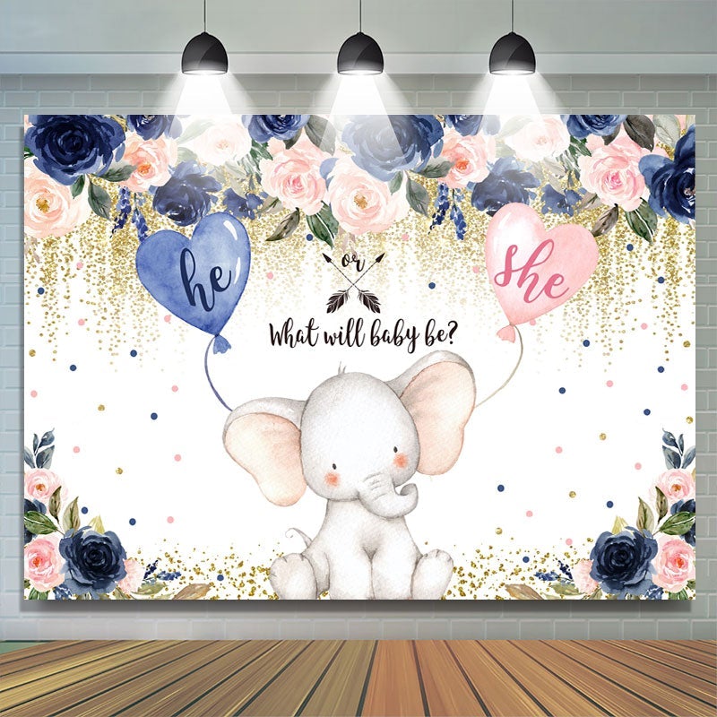 Lofaris Blue And Pink Flowers Elephant Baby Shower Backdrop