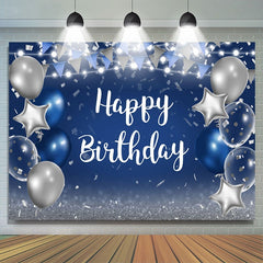 Lofaris Blue and Silver Star Balloon Happy Birthday Backdrop