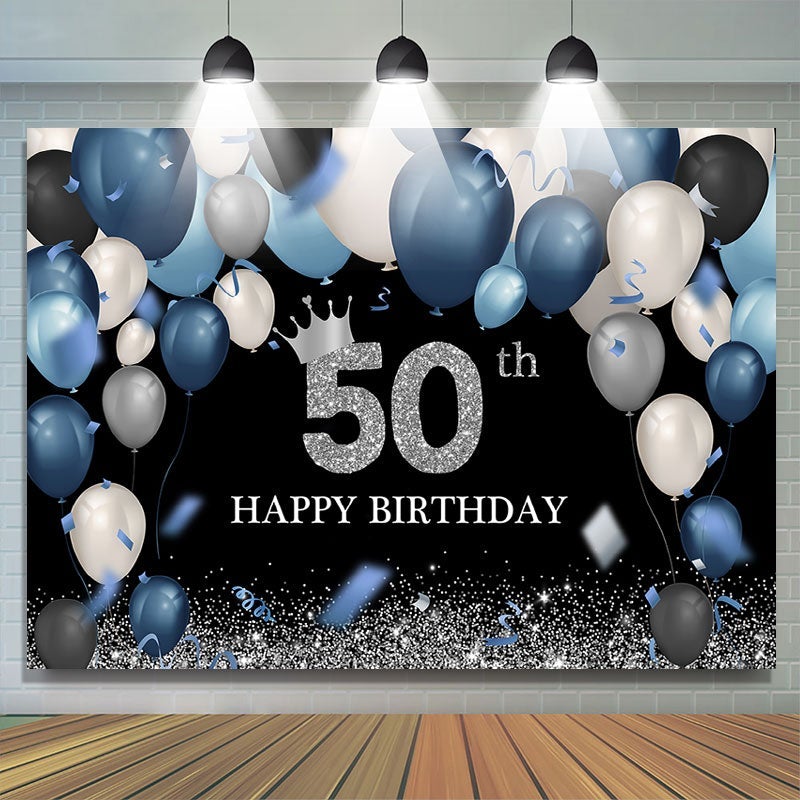 Lofaris Blue Balloon 50th Birthday Glitter Black Backdrop