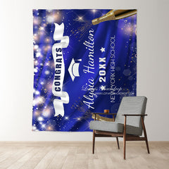 Lofaris Blue Bokeh Glitter Star Gold 2022 Congratulations Backdrop