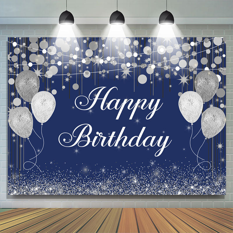 Lofaris Blue Boken and Silver Balloon Happy Birthday Backdrop