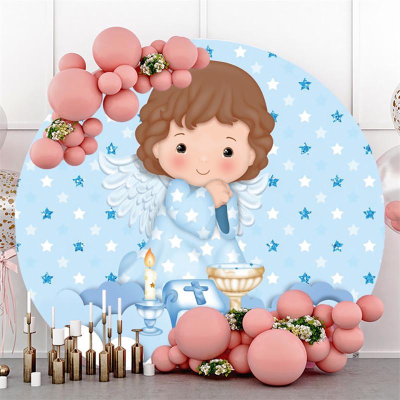 Lofaris Blue Circle Stars Angel Round Backdrops for Baby Shower