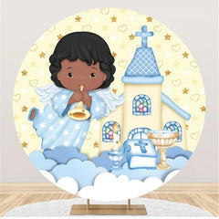 Lofaris Blue Cloud Angel Yellow Church Round Backdrops for Baby Shower