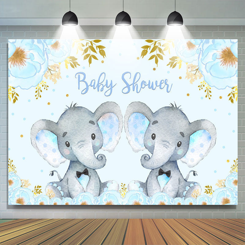 Lofaris Blue Elephant And Floral Baby Shower Backdrop For Twins