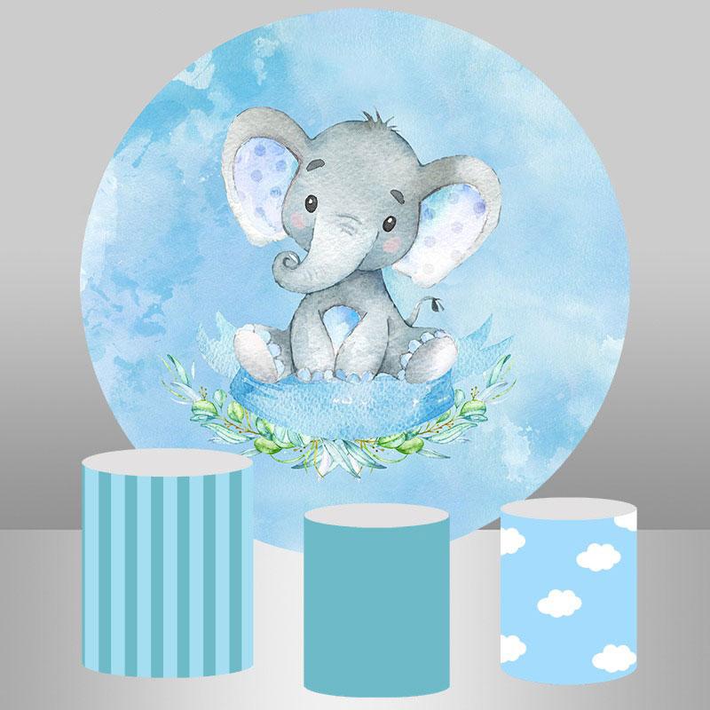 Lofaris Blue Elephant And Leaves Boys Round Baby Shower Backdrop