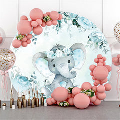 Lofaris Blue Elephant Wreath Floral Round Baby Shower Backdrop