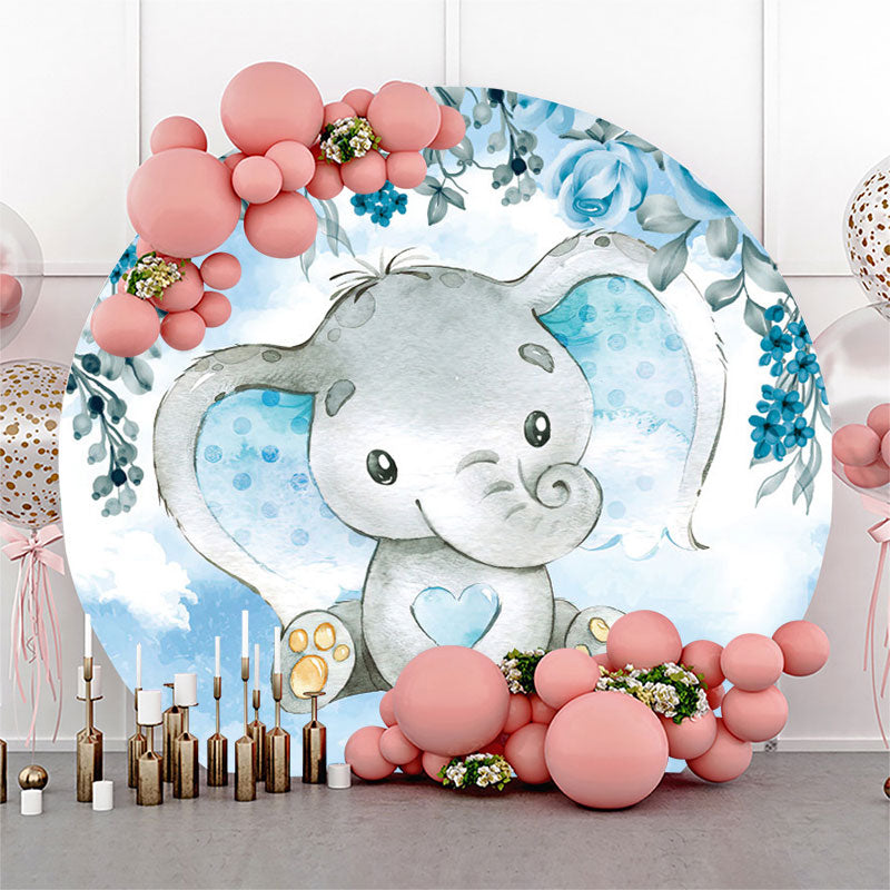 Lofaris Blue Floral Elephant Boy Baby Shower Round Backdrop