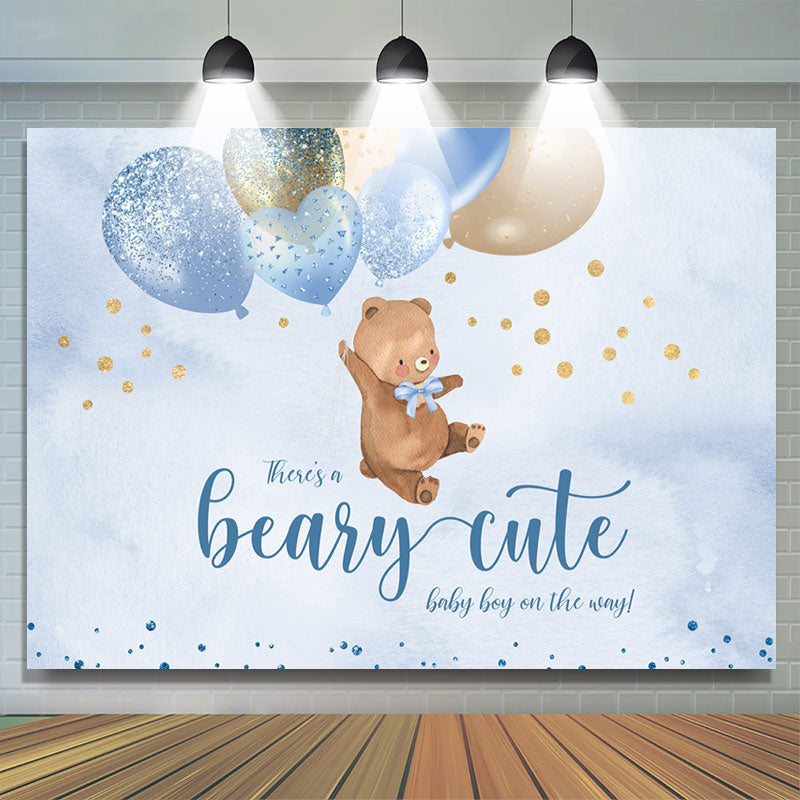 Lofaris Blue Glitter Balloon Teddy Bear Baby Shower Backdrop