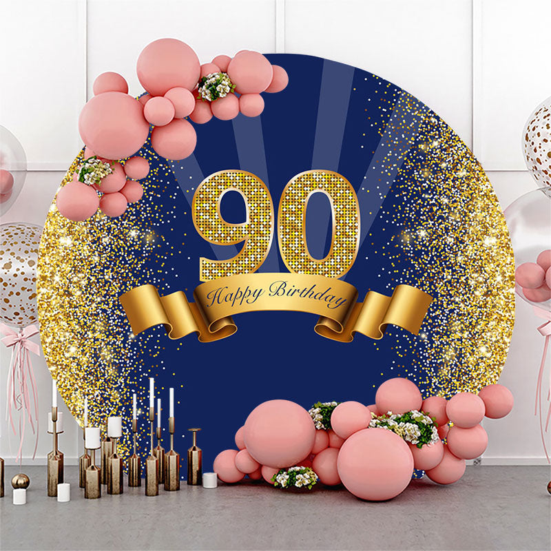 Lofaris Blue Glitter Gold Round Happy 90th Birthday Backdrop