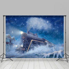 Lofaris Blue Moving Train Snow Night Winter Backdrop for Party