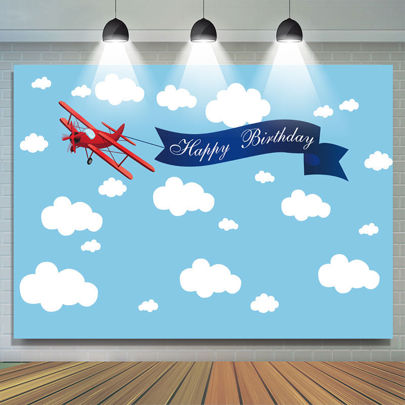 Lofaris Blue Sky and Cloud Red Plane Happy Birthday Backdrop