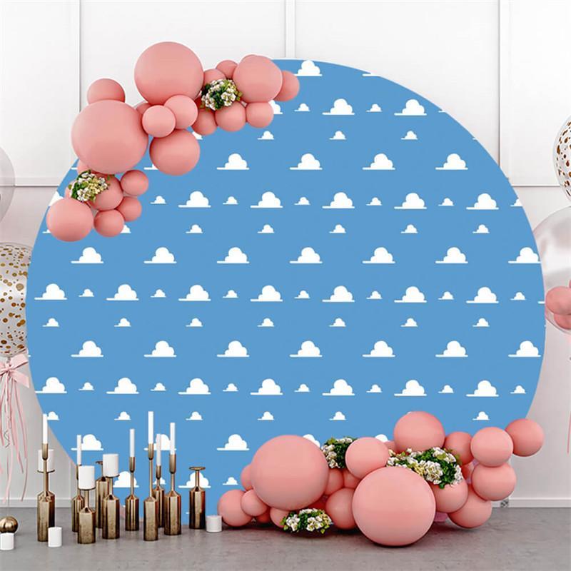 Lofaris Blue Sky White Clouds Round Happy Birthday Backdrop