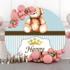 Lofaris Blue Stripe And Teddy Bear Crown Round Birthday Backdrop