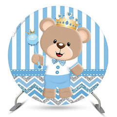 Lofaris Blue Stripes Bear Birthday Round Backdrop Cover