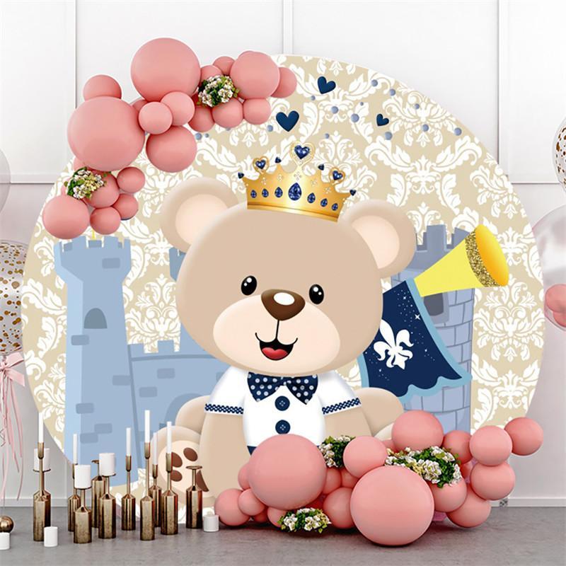 Lofaris Blue Teddy Bear And Castle Round Baby Shower Backdrop