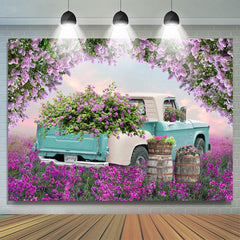 Lofaris Blue Truck Purple Floral Field Spring Photo Backdrop