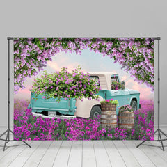 Lofaris Blue Truck Purple Floral Field Spring Photo Backdrop