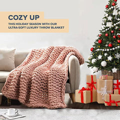 Lofaris Blush Pink Soft Chenille Yarn Chunky Knit Blanket Throw